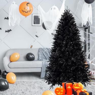Imagem de Árvore de Natal preta pré-iluminada de 1,2 m, árvore artificial de Halloween completa 666 pontas de ramo, 150 branco frio, luzes LED constantes, dobradiças de metal, base dobrável, decoração de férias
