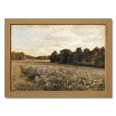 Imagem de DJSYLIFE Arte de parede de paisagem vintage, impressão em tela emoldurada de campo de flores silvestres, decoração de casa de campo, 28 x 38 cm, pinturas de paisagens naturais, imagem estética para