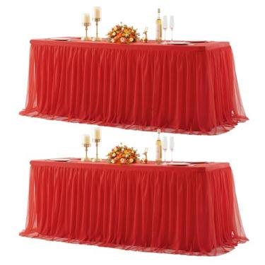 Imagem de HB HBB MAGIC Toalha de mesa vermelha de elastano, toalha de mesa de tule com 2,4 m, retangular, saia de mesa, elástica, capas para festa, banquete, aniversário, chá de bebê, casamento, toalha de mesa