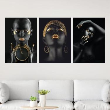 Imagem de Kit 3 Quadros Mulheres Preto Com Dourado 60X40 Moldura Preta