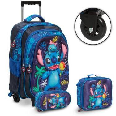 Imagem de Kit Mochila Infantil Rodinha Lancheira Térmica Stitch Tam G - Plike