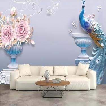 Imagem de Lcythiazole Estilo Europeu Grande Mural de Pavão 3D Mural de Flores Papel de Parede de Pavão Removível Papel de Parede Adequado para Quarto e Sala de Estar (Tamanho Personalizado)