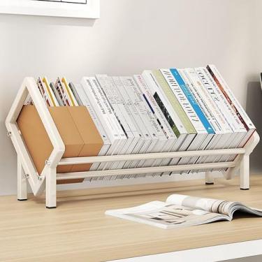 Imagem de FOTN Suporte de mesa pequeno de ferro, prateleira de livros simples de madeira maciça, suporte inclinado, estante de livros, organizador de revistas (branco)
