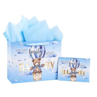 Imagem de LeZakaa Bolsa de presente para bebê, urso azul, balão de ar quente We Can Bearly Wait Baby Goil Foil Design com papel de seda e cartão comemorativo para chá de bebê, pais novos, 33 x 25 x 12,7 cm, 1