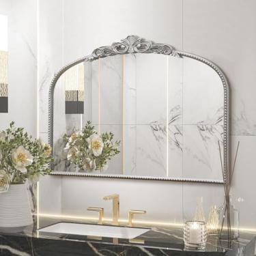 Imagem de Micasso Espelho prateado de parede vintage: espelho antigo barroco francês de 61 cm x 81 cm - espelhos arqueados decorativos tradicionais ornamentados para parede/banheiro/entrada/lareira/corredor