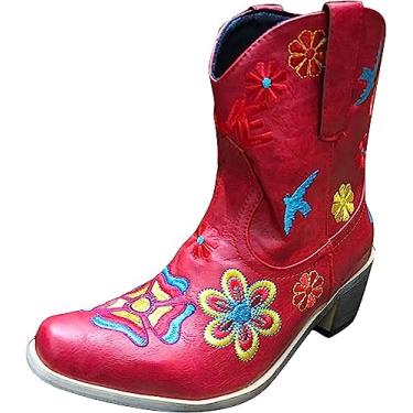 Imagem de Botas femininas de caubói ocidental bordadas, botas de cano baixo, retrô, colorida, flor quadrada, sem fecho, botas grossas de salto médio, Vermelho, 34 BR