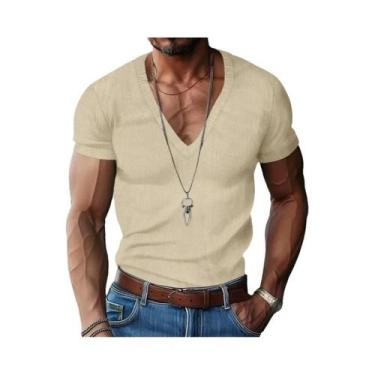 Imagem de Camiseta Masculina Slim Fit De Veludo Cotelê Com Decote Em V, Cor Sóli