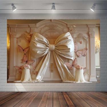 Imagem de KUKUSOUL Fundo temático medieval de 7 × 5 pés, pano de fundo de laço branco, pano de fundo de borboleta rosa, foto de casamento, foto de festa de chá de panela, decoração de festa de aniversário de