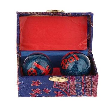 Imagem de Tachiuwa 2x Bolas de Massagem Baoding Balls com Caixa de Armazenamento Presente Portátil Alivia Rigidez Relaxamento Exercício Chinês Handebol para Pais Idosos, Fu Palavra Azul