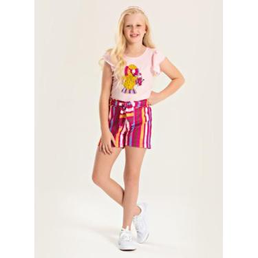 Imagem de Conjunto Verão Menina Rosa Blusa e Shorts Com Amarração Laço e Listras
