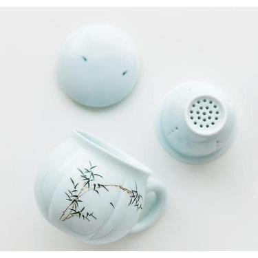 Imagem de Xícaras de chá de café caneca de porcelana azul e branca com filtro de