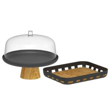 Imagem de Conjunto Bandeja Retangular e Boleira Cúpula Plástica 25cm com Pé Bamb