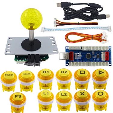 Imagem de SJ@JX Kit de botões de Arcade Game Stick DIY com logotipo, joystick de 8 vias, codificador USB, controlador para PC, PS3, PS2, MAME, Raspberry Pi, amarelo
