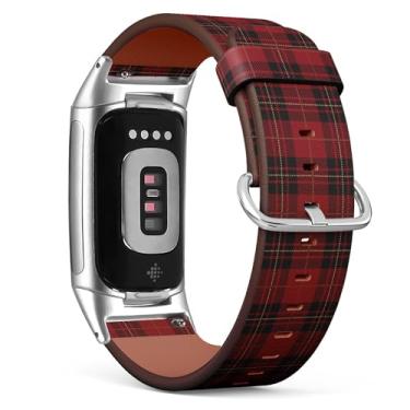 Imagem de Pulseira de relógio de couro de substituição compatível com Fitbit Charge 5/Fitbit Charge 6 (vermelho tartan xadrez escocês) pulseira para smartwatch para mulheres e homens