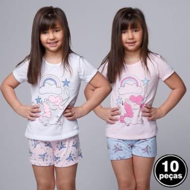 Imagem de Kit 10 Pijamas Malha Infantil Feminino Estampa Unicórnio - WLS Modas, 