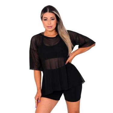 Imagem de Blusao Tule Feminina Manga Curta Fitness Academia Preto - Sunset Conce