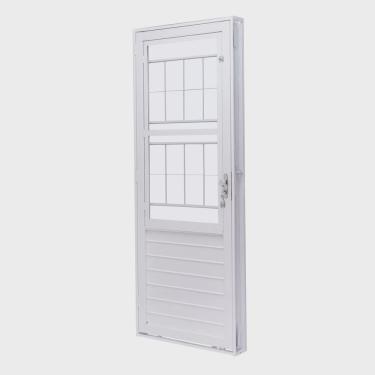 Imagem de Porta de Aço com Postigo 215x83cm com Grade Quadriculada e Vidro Liso Unicsol Ramassol