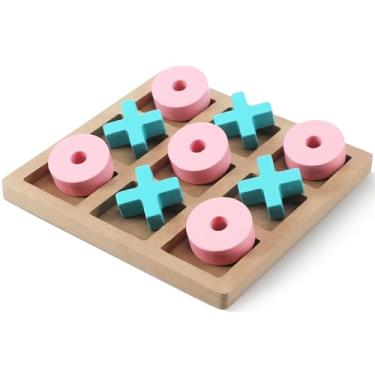 Imagem de Seenelling Wooden Tic Tac Toe Game Tic Tac Toe Board Game 7 Inch Wood Board Table Top Living Room Decor Fun Family for Family Night Indoor Outdoor Party Adults Classic Travel (Pink Blue)