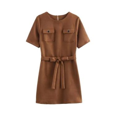 Imagem de Vestido Mini De Festa Marrom Com Decote Redondo Para Mulheres Com Cint