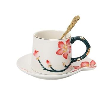 Imagem de Caneca de café de cerâmica Conjunto de xícaras e pires para chá da tarde, café cerâmica pintadas à mão com esmalte colorido