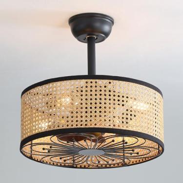 Imagem de Ventiladores de teto de tecelagem de vime de 19,6" com luzes, 6 velocidades reversíveis e controle remoto, ventilador de teto enjaulado com luz E27 X 4 lâmpadas Ventilador de teto tecido de