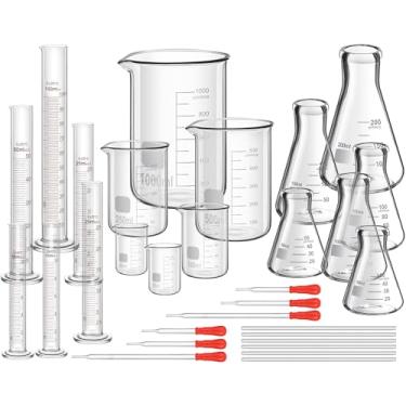Imagem de Frienda 30 peças de vidro de laboratório 50/100/250/500/1000 ml incluem cilindro graduado, conjunto de copos de vidro, conta-gotas de vidro, haste de agitação, copos de medição para suprimentos de