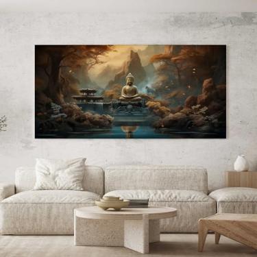 Imagem de Quadro Decorativo para Sala Quarto Hall 100x50 Budda Paisagem Bege Buddha Horizontal Grande Decoração Parede Tela