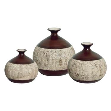 Imagem de Trio Vaso Decorativo de Cerâmica para Sala de Jantar Maia Marrom e Palha Ganash
