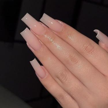 Imagem de Kit de unhas postiças médias longas quadradas nude conjunto com design cobertura completa cola em bastão falso artificial em unha acrílica para mulheres uso diário, 24 peças