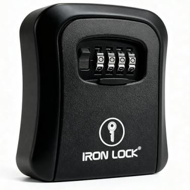 Imagem de Iron Lock Suporte de parede para caixa de bloqueio de chave – Cofre de metal resistente médio à prova d'água com combinação de 4 dígitos para acesso ao ar livre, entrada doméstica, segurança de