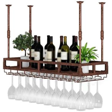 Imagem de Rack de copo de vinho de teto, rack de vinho ajustável de 35-54,9 cm de altura, suporte de garrafa de vinho de metal com suporte de vidro, para bar café cozinha (cor: bronze, tamanho: 80 cm/31,5 pol.)
