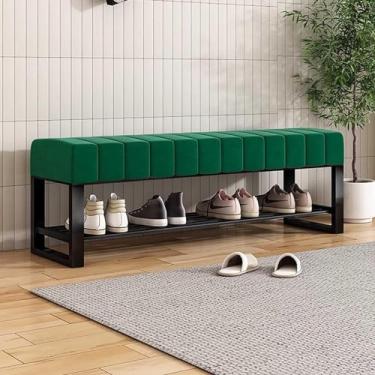 Imagem de Banco estofado de entrada para sapatos com armazenamento, banco para quarto, extremidade da cama, sapateira de metal preto de 2 camadas para armário corredor porta sala de estar mudroom