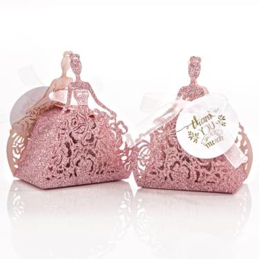 Imagem de AdasBridal Pacote com 50 caixas de lembrancinhas cortadas a laser, caixas de presente de glitter rosa para aniversário, chá de bebê, 16 decorações de festa de quinze anos, padrão de meninas, cartões