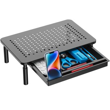 Imagem de WALI Suporte para monitor de computador com armazenamento, elevador de monitor de mesa ajustável de 3 alturas, elevador de laptop com aberturas de fluxo de ar, organizador de mesa para computador,