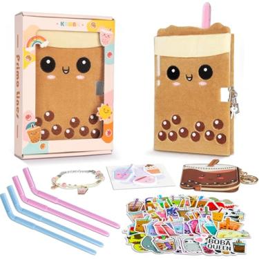 Imagem de Gift Kit for Girls, Diary with Lock and Key,Boba Tea Plush Journal for Teen Girls,fuzzy diary for girls,Kawaii Birthday Gift Set with Purse,Bracelet,4 Straws Pens, Post-it Note,Stickers