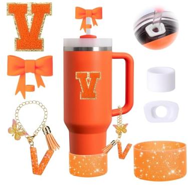 Imagem de Conjunto de 6 peças de acessórios de copo Stanley laranja adequado para Stanley Cup 850.5 g 1,134 g, incluindo tampa à prova de derramamento, bota de silicone brilhante, topo de palha em forma de laço