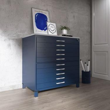 Imagem de Gaveteiro Mapoteca Para Escritório De Aço Fixa Com 10 Gavetas Industrial Azul Delrei/cinza