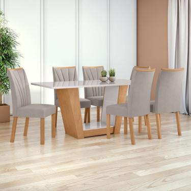 Imagem de Mesa 1,70 Apogeu Com Vidro + 06 Cadeiras Apogeu Tecido Veludo Liso Capuccino Amendoa Cle/off