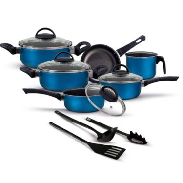 Imagem de Jogo De Panelas Antiaderente 9 Peças Kit Conjunto Teflon Tampa De Vidro Durável(Azul)