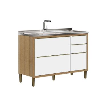 Imagem de Balcão Paola com Pia e Cuba GhelPlus 120cm 3 Portas 2 Gavetas Carvalho Dakar Branco Aramóveis