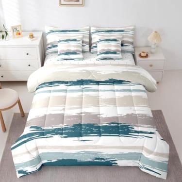 Imagem de Erosebridal Conjunto de edredom Queen com 7 peças, azul abstrato, listrado, cinza, marrom, geométrico, estético, pintura a óleo, minimalista, simples, aquarela