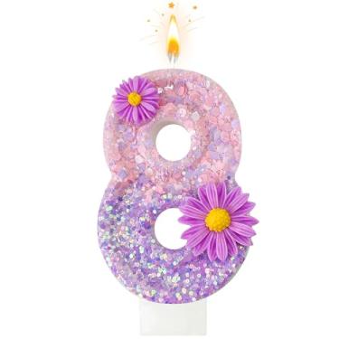 Imagem de Velas de aniversário de flores roxas, número 8 para bolo, adequadas para festas de aniversário de desenho animado, decoração de bolos, aniversário de casamento e outros suprimentos de celebrações (8