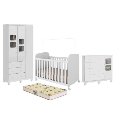 Imagem de Dormitório Uli Guarda Roupa 3 Portas, Cômoda E Berço Branco Brilho Com Colchão Supreme - Móveis Peroba