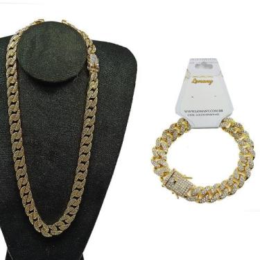 Imagem de Kit Ice Cuban Pulseira e Corrente Cravejado Brilho Dourado - Lomany Co