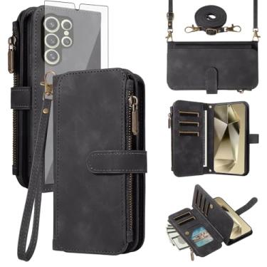 Imagem de Asuwish Capa de celular para Samsung Galaxy S24 Ultra 5G com zíper carteira para celular com protetor de tela de vidro temperado alça transversal flip suporte para cartão de crédito S24Ultra 24S S 24