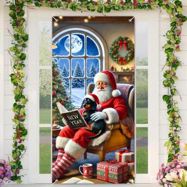 Imagem de BlissYard Capa de porta de Natal inverno Papai Noel leitura história de ano novo portas festivas decoração aconchegante faixa de boas-vindas para festa em casa interior exterior 71 x 35 polegadas