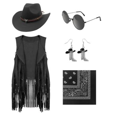 Imagem de HyperFun Roupas de vaqueira para mulheres, acessórios de fantasia de faroeste, chapéu de caubói, borlas, colete com franja, brinco, óculos hippie, bandana