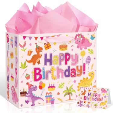 Imagem de Bolsa de presente de aniversário de dinossauro rosa grande para meninas, dinossauro, colorido, bolsa de presente de feliz aniversário, com alças, papel de embrulho e cartão para crianças, meninas