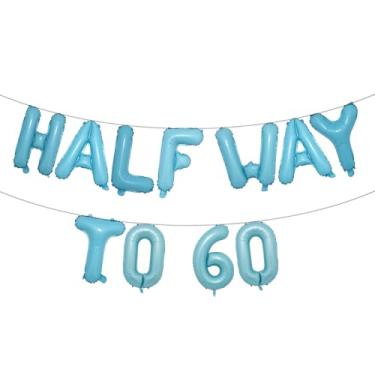 Imagem de Faixa de balão multicolorida Halfway To 60 - Banner Happy 30th Birthday Party - Decorações e suprimentos para festa de 30º aniversário - Decorações de aniversário de 30 anos (caminho até 60 azul claro