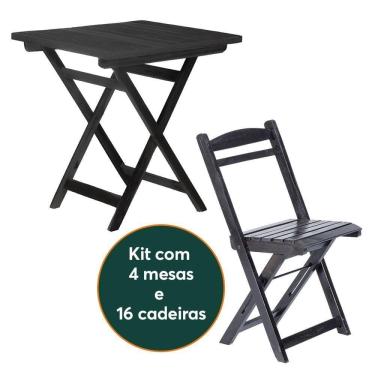 Imagem de Kit 4 Mesas Dobráveis Com 16 Cadeiras 100% Madeira Maciça Ypê Preto